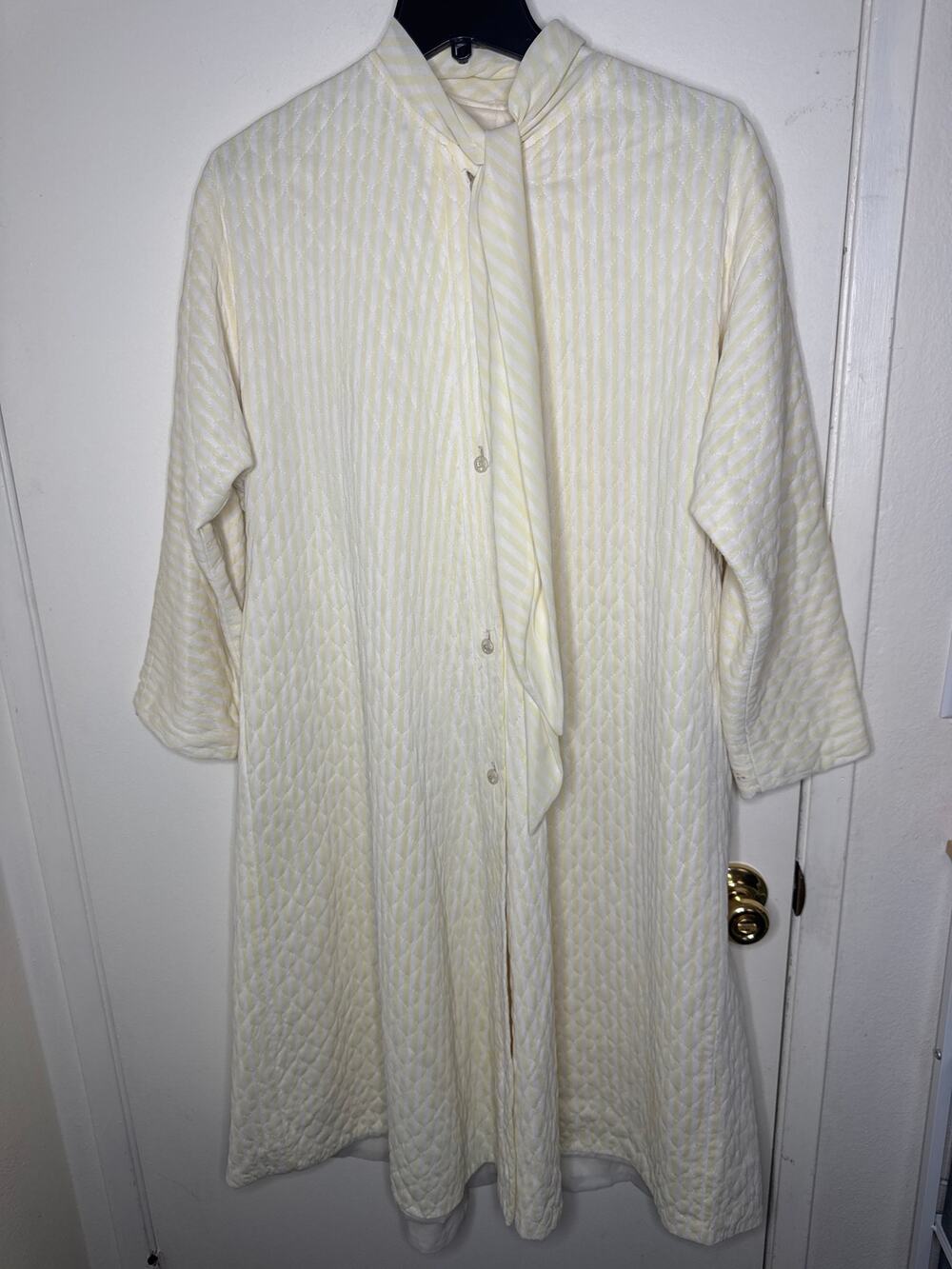 Vintage quilted pale yellow and white striped house coat see measurements